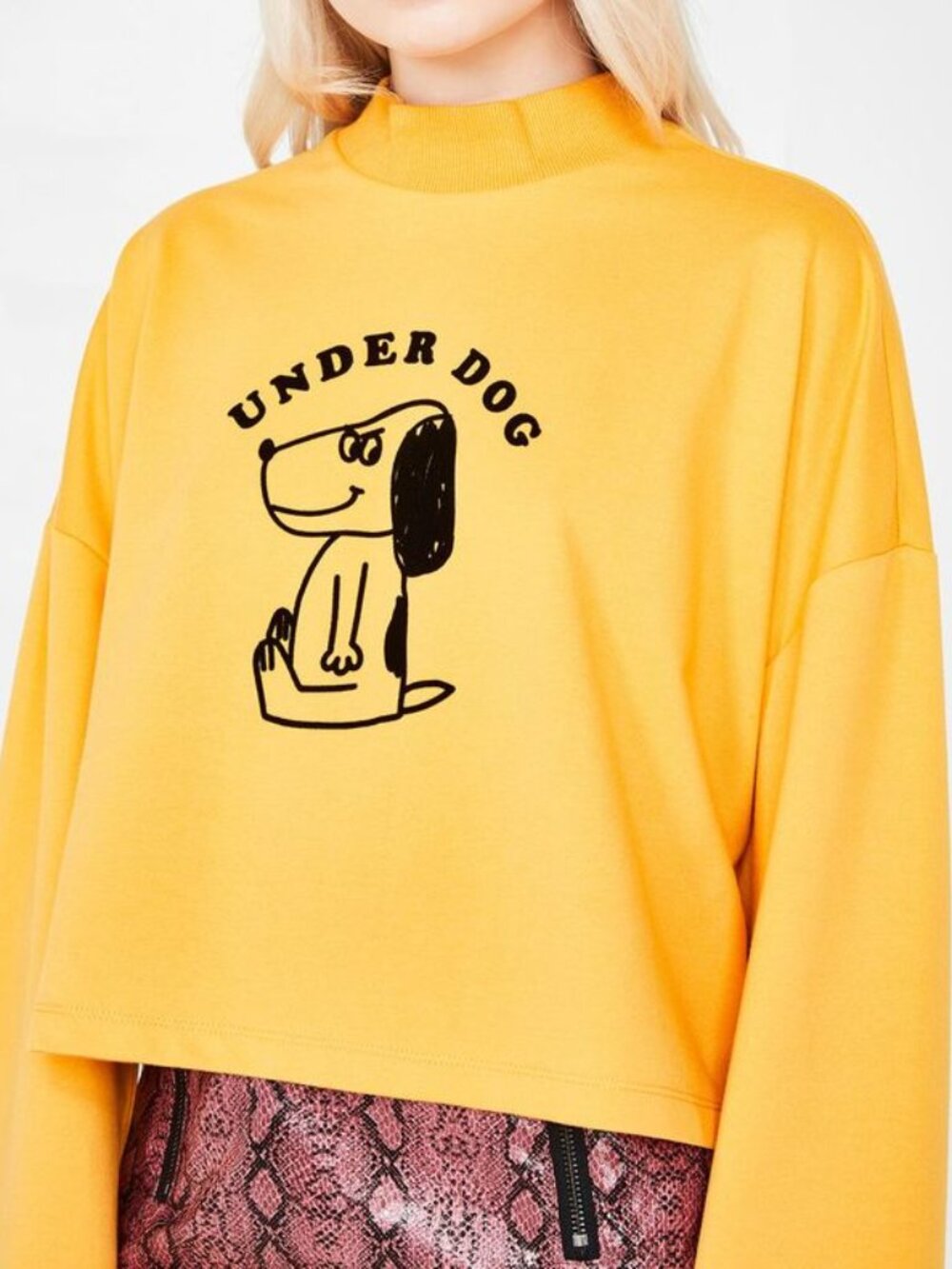 Lazy Oaf Underdog Long Sleeve Top | Oversized Cropped Mock Neck Mustard Yellow S